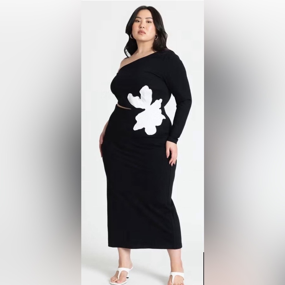 One-Shoulder Black Dress with White Floral Accent
